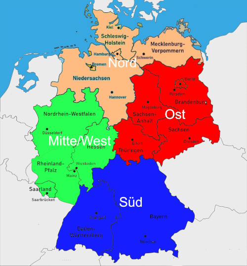 Deutschlandkarte in Regionen aufgeteilt