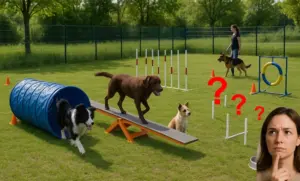 Hundeplatz mit Hunden und Teilnehmerin