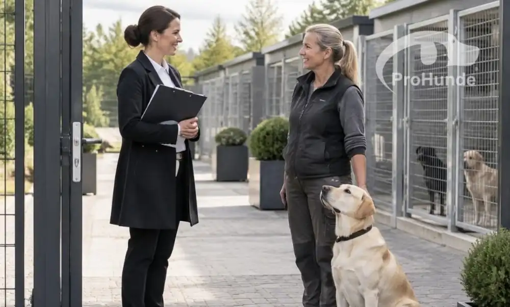 hundetrainierin steht vor Hundezwinger un dist mit einer Kontrolleurin im Gespräch