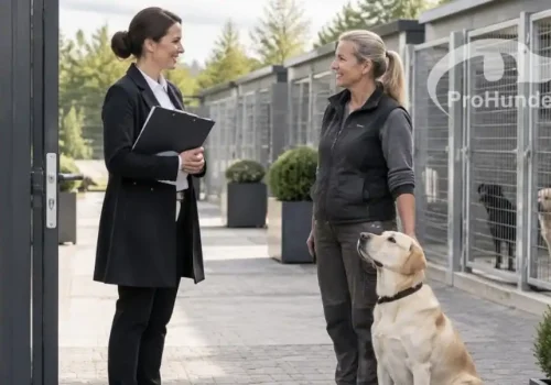 hundetrainierin steht vor Hundezwinger un dist mit einer Kontrolleurin im Gespräch